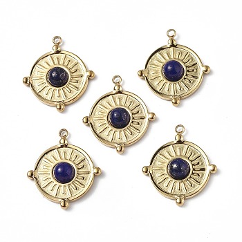 Vacuum Plating 201 Stainless Steel Natural Lapis Lazuli Pendants, Real 18K Gold Plated, Flat Round Charms, 20.5x18x4mm, Hole: 1.2mm