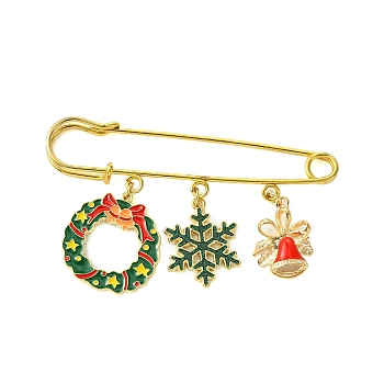 Christmas Iron Kilt Pins Brooches, Christmas Wreath & Snowflake Alloy Enamel Charm Pins, Golden, 45x75mm