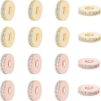 Brass Micro Pave Cubic Zirconia Bead Spacers, Flat Round, Golden & Rose Gold, 8x2mm, Hole: 3mm, 16pcs/box