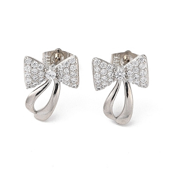 Brass Rhinestone Stud Earrings with Glass, Bowknot, Platinum, 17x13mm