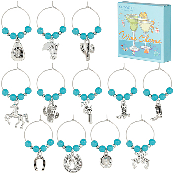 12Pcs 12 Style Synthetic Turquoise & Brass Beaded Wine Glass Charms, with Tibetan Style Alloy Charm and Brass Wine Glass Charm Ring, Hat/Cowboy Boot/Gun, Antique Silver, 50~59mm