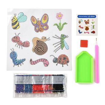 DIY Insect Theme Diamond Painting Stickers Kits For Kids, with Diamond Painting Stickers, Rhinestones, Diamond Sticky Pen, Tray Plate and Glue Clay, Mixed Color, 17.6x0.03x18cm