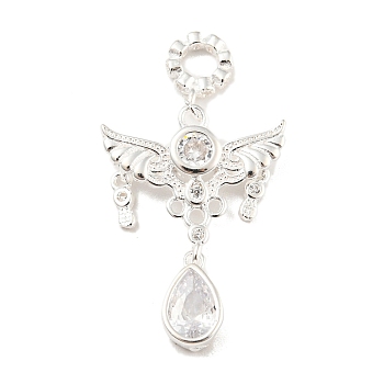 Silver 925 Sterling Silver Pendants, with Rhinestone, Angel Charms, Crystal, 21x15.5x2mm, Hole: 2.8mm