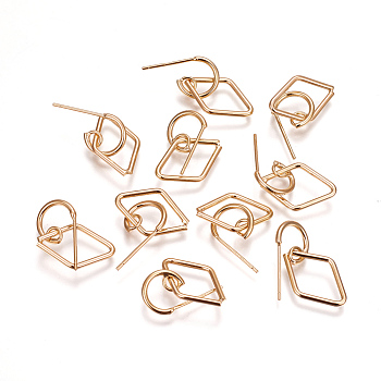 Brass Stud Earrings, Long-Lasting Plated, Nickel Free, Rhombus, Real 18K Gold Plated, 23x11x1.2mm, Pin: 0.7mm