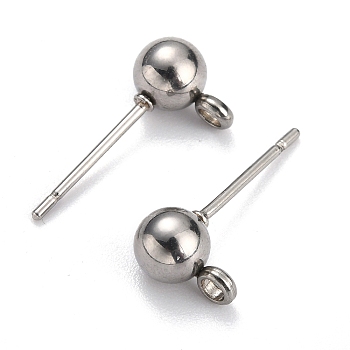 304 Stainless Steel Ball Post Stud Earring Findings, with Loop and 316 Surgical Stainless Steel Pin, Stainless Steel Color, 15x7x4mm, Hole: 1.8mm, Pin: 0.8mm