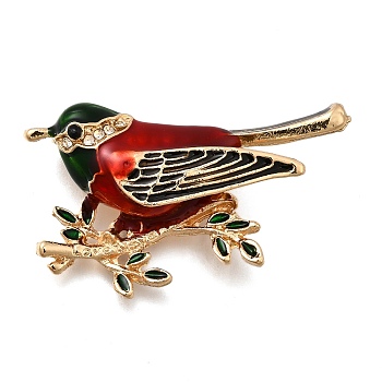 Bird Zinc Alloy Rhinstone Brooches, with Enamel, Dark Red, 24x44mm