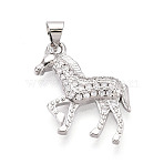 Brass Micro Pave Clear Cubic Zirconia Pendants, Horse Charms, Platinum, 19.5x20x3mm, Hole: 3.5x5mm(KK-T080-11P)