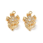 Brass Micro Pave Clear Cubic Zirconia Pendants, Flower with Leaf Charms, Real 18K Gold Plated, 16x10x5mm, Hole: 1.3mm(KK-P355-02G)