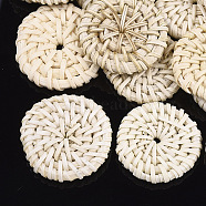 Handmade Reed Cane/Rattan Woven Beads, For Making Straw Earrings and Necklaces, No Hole/Undrilled, Flat Round, Lemon Chiffon, 27~34x5~6mm(WOVE-T005-13B)