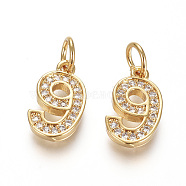 Brass Micro Pave Clear Cubic Zirconia Charms, with Jump Ring, Number, Golden, Num.9, 12.5x7.5x2mm, Hole: 3mm(X-ZIRC-L092-09-G)