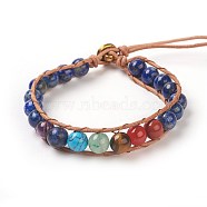 Natural Lapis Lazuli Cord Beaded Bracelets, Natural & Synthetic Mixed Stone, with Leather Cord and Alloy Clasps, Om Symbol, Antique Golden, 7-1/4 inch~8-1/8 inch(18.5~20.5cm), 1mm(BJEW-E351-02H)