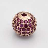 CZ Brass Micro Pave Grade AAA Magenta Color Cubic Zirconia Round Beads, Cadmium Free & Nickel Free & Lead Free, Rose Gold, 8mm, Hole: 1.7mm(KK-O065-8mm-08RG-NR)