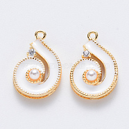 Brass Micro Pave Cubic Zirconia Pendants, with ABS Plastic Imitation Pearl, Enamel, Nickel Free, Spiral, Real 18K Gold Plated, White, 17x11x4.5mm, Hole: 1mm(KK-T049-051G-03-NF)