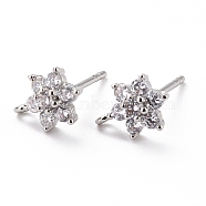 Brass Micro Pave Cubic Zirconia Stud Earrings Findings, Cadmium Free & Lead Free, Flower with Loop, Platinum, Clear, 9.5x6.5x3mm, Hole: 0.8mm, Pin: 0.9mm(ZIRC-C027-14P-02-RS)