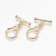 Brass Toggle Clasps, with Jump Rings, Nickel Free, Ring with Heart, Real 18K Gold Plated, 27mm, Bar: 6x18x3mm, Hole: 2mm, Ring: 19x12x1mm, Hole: 2mm, Jump Ring: 5x1mm, 3mm inner diameter(KK-N231-218-NF)