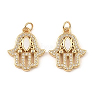 Brass Cubic Zirconia with Shell Pendants, Long-Lasting Plated, Lead Free & Cadmium Free, Hamsa Hand, Real 18K Gold Plated, 21x17x2.5mm(KK-K342-05G)