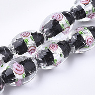 Handmade Silver Foil Glass Lampwork Beads, Oval with Flower, Black, 16~17x9~11mm, Hole: 1.5~2mm(X-LAMP-Q030-02A)