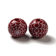 Halloween Printed Spider Webs Colored Wood European Beads, Large Hole Beads, Round, Dark Red, 16mm, Hole: 4mm(WOOD-K007-04E)