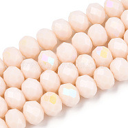 Electroplate Opaque Solid Color Glass Beads Strands, Half Rainbow Plated, Faceted, Rondelle, Antique White, 6x5mm, Hole: 1mm, about 85~88pcs/strand, 16.1~16.5 inch(41~42cm)(EGLA-A034-P6mm-L20)