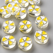 Transparent Enamel Acrylic Beads, Flat Round with Triangle, Yellow, 20x9mm, Hole: 3.5mm(TACR-S155-005G)