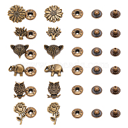 30 Sets 6 Style Brass Snap Button, Alloy Cap, Cotton-padded Clothes Coat Down Jacket Buckle, Antique Bronze, Elephant & Owl & Tree of Life, Mixed Patterns, 14.5~27.5x15~22.5x4.5~9mm, 4pcs/set, 5 sets/style(FIND-NB0004-05)
