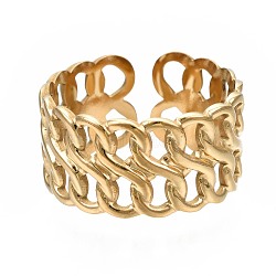 304 Stainless Steel Curb Chain Open Cuff Ring, Chunky Hollow Ring for Women, Golden, US Size 6 3/4(17.1mm)(RJEW-T023-24G)