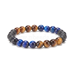 Natural Tiger Eye & Black Agate Round Beaded Stretch Bracelet, Gemstone Jewelry for Women, Prussian Blue, Inner Diameter: 2-1/8 inch(5.5cm)(BJEW-SZ0002-52B)