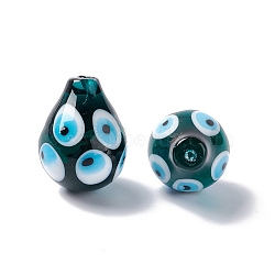 Handmade Evil Eye Lampwork Beads, Half Drilled, Teardrop, Teal, 18.5~22x14.5~15.5mm, Hole: 1.2mm(LAMP-F025-05A)