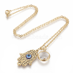 304 Stainless Steel Pendant Necklaces, with Plastic Beads and Glass, Hamsa Hand/Hand of Fatima/Hand of Miriam with Eye, Golden, 17.7 inch(45cm), 1mm(NJEW-F260-06G)