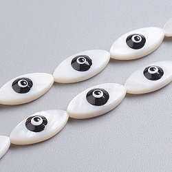 Natural Shell Beads Strands, with Enamel, Horse Eye with Evil Eye, Black, 17~18x8x5mm, Hole: 0.6mm, about 22pcs/strand, 16.14 inch(41cm)(SSHEL-I024-04D)