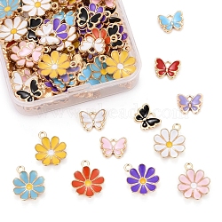 120Pcs 12 Styles Alloy Enamel Pendants, Flower & Butterfly, Light Gold, 10pcs/styles(ENAM-LS0001-23LG)