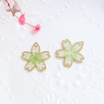 Alloy Enamel Pendants, Golden, Sakura Charm, Pale Green, 23x22mm