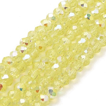 Baking Painted Transparent Glass Beads Strands, Imitation Opalite, Faceted, AB Color Plated, Round, Light Yellow, 4.5x4mm, Hole: 0.9mm, about 117~118pcs/strand, 17.13~17.32''(43.5~44cm)