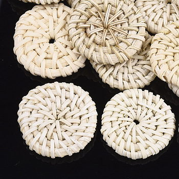 Handmade Reed Cane/Rattan Woven Beads, For Making Straw Earrings and Necklaces, No Hole/Undrilled, Flat Round, Lemon Chiffon, 27~34x5~6mm