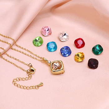 Golden 304 Stainless Steel Rhombus Pendant Necklace, with Interchangeable 9Pcs Birthstone Color Style Cubic Zirconia Charms, Mixed Color, 17.72 inch(45cm)