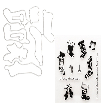 1 Sheet Silicone Clear Stamps, with 1Pc Carbon Steel Cutting Dies Stencils, for DIY Scrapbooking, Photo Album Decorative, Cards Making, Stamp Sheets, Christmas Sock Pattern, 88~160x99~110x1~2.5mm