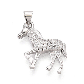 Brass Micro Pave Clear Cubic Zirconia Pendants, Horse Charms, Platinum, 19.5x20x3mm, Hole: 3.5x5mm