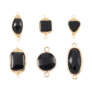 Mega Pet 6Pcs 6 Style Natural Agate Links Connectors, with Light Gold Plated Brass Findings, Flat Round & Oval & Rectangle & Square & Triangle, 17~28.5x9~17.5x3~8mm, Hole: 1~2mm, 1pc/style