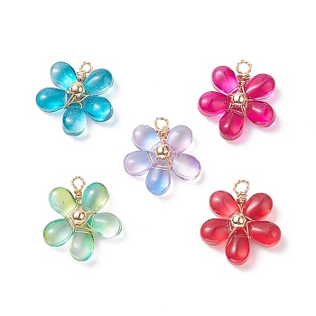 Transparent Glass Pendants, with Eco-Friendly Copper Wire, Long-Lasting Plated, Flower Charm, Mixed Color, 19x19x6.5mm, Hole: 1.8mm
