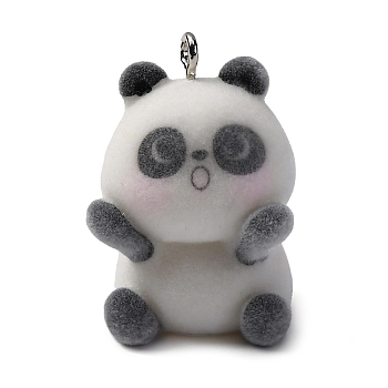 Flocky Animal Resin Pendants, with Platinum Iron Loop, Panda, 35x24x23.5mm, Hole: 2.5mm