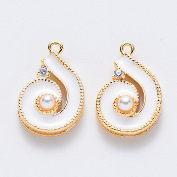 Brass Micro Pave Cubic Zirconia Pendants, with ABS Plastic Imitation Pearl, Enamel, Nickel Free, Spiral, Real 18K Gold Plated, White, 17x11x4.5mm, Hole: 1mm