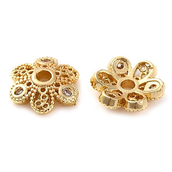 Brass Micro Pave Clear Cubic Zirconia Bead Caps, Long-Lasting Plated, Flower, Golden, 7.5x2mm, Hole: 1.2mm