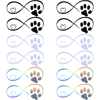 15 Sheets 3 Colors Infinity & Heart & Dog Paw Print PVC Waterproof Car Stickers, Reflective Self-Adhesive Decals, for Vehicle Decoration, Mixed Color, 97x195x0.3mm, 5 sheets/color