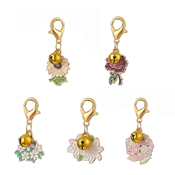 Alloy Enamel Pendant Decoraiton, with Brass Bell Charms and Zinc Alloy Lobster Claw Clasps, Mixed Color, 34~40.5mm, 5pcs/set