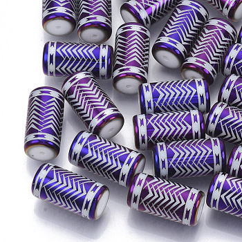 Electroplate Glass Beads, Column with Chevron Pattern, Purple, 20x10mm, Hole: 1.2mm, about 50pcs/bag