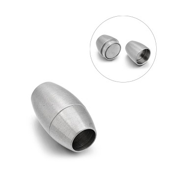 Matte 304 Stainless Steel Oval Magnetic Clasps with Glue-in Ends, Stainless Steel Color, 18x10.5mm, Hole: 6mm