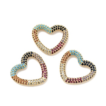 Rack Plating Brass Micro Pave Cubic Zirconia Linking Rings, Long-Lasting Plated, Cadmium Free & Lead Free, Heart, Golden, Colorful, 19.5x21x3mm, Inner Diameter: 15x15mm