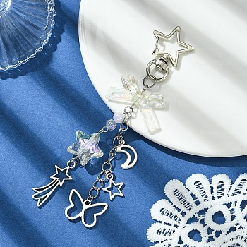 Butterfly Star Acrylic & Alloy Pendant Decoration, with Star Zinc Alloy Swivel Lobster Clasps for Bag Ornaments, White, 125mm