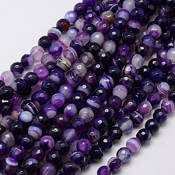 Natural Striped Agate/Banded Agate Beads Strands, Faceted, Dyed, Round, Indigo, 6mm, Hole: 1mm