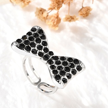 304 Stainless Steel Open Cuff Rings for Women, with Rhinestone, Ion Plating(IP), Bowknot, Stainless Steel Color, 5mm, Inner Diameter: Adjustable, Bowknot: 16x27.5mm